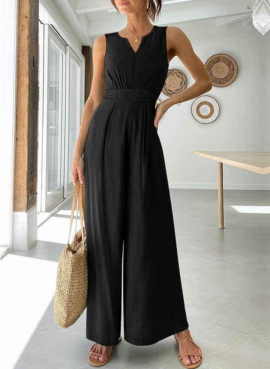 ANRABESS Women's Summer Wide Leg Jumpsuits V Neck Sleeveless High Waist Dressy Linen Romper with ... | Amazon (US)