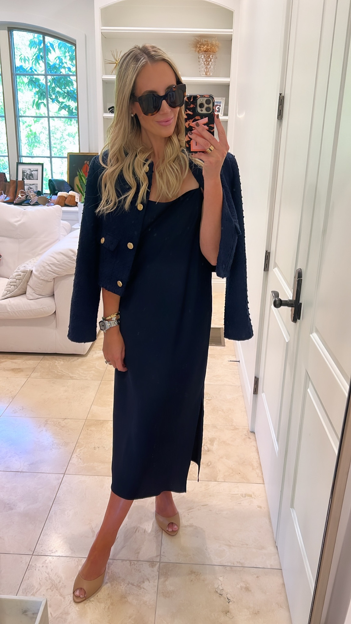 Navy slip dress, navy tweed blazer, dolly louboutins, Celine sunglasses. 

#LTKshoecrush #LTKparties #LTKwedding