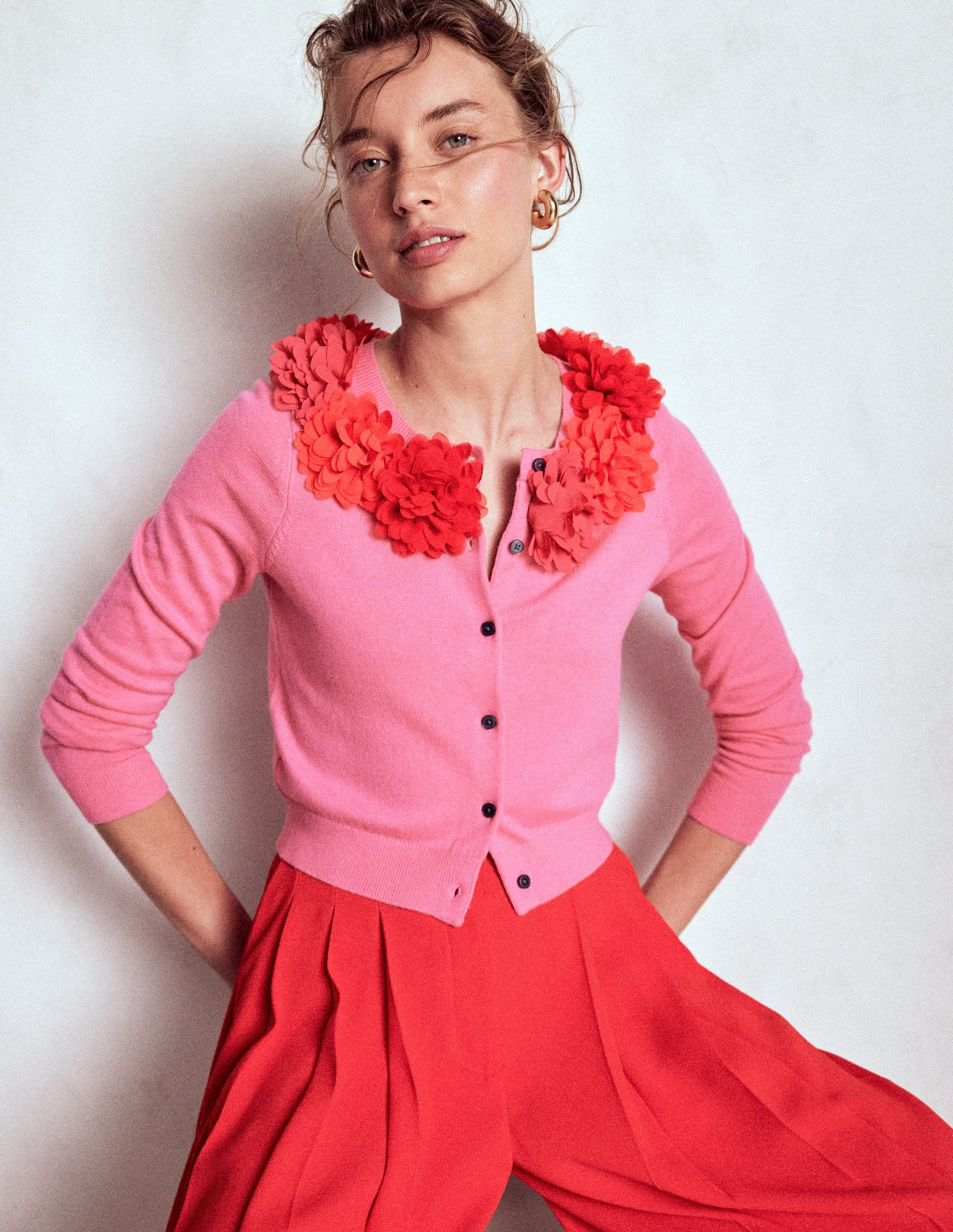 Crew Neck Cropped Cardigan-Pink Ribbon | Boden UK
