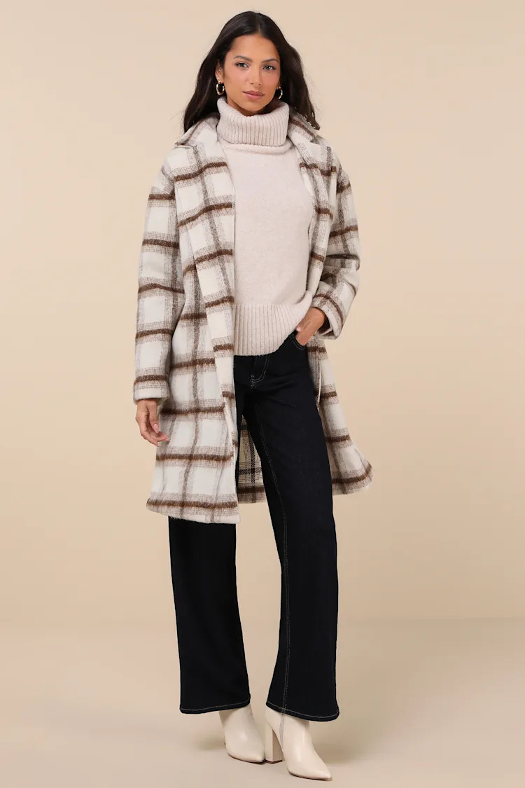 Emily Ivory Plaid Brushed Open-Front Coat | Lulus