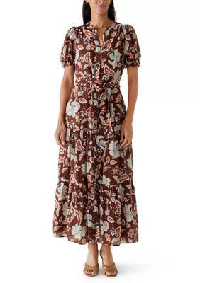 Women's Short Puff Sleeve Floral Belted Maxi Dress | Belk