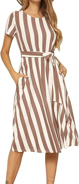 levaca Women's Short Sleeve Striped Casual Flowy Midi Belt Dress with Pockets | Amazon (US)