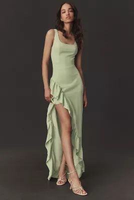 Dress The Population Charlene Square-Neck Ruffle Side-Slit Gown | Anthropologie (US)