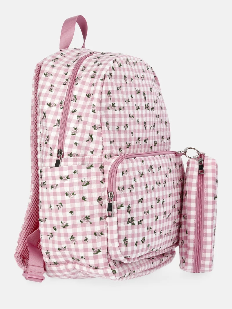 Weekend Academy Girl's Dome Backpack with Pouch, Pink Gingham with Floral Embroidery | Walmart (US)