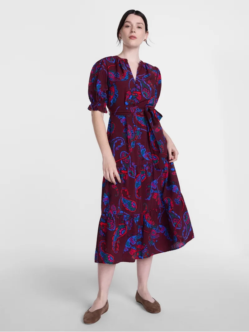 Scenario Women's and Women's Plus Tiered Midi Dress with Short Sleeves, Sizes XS-4X | Walmart (US)
