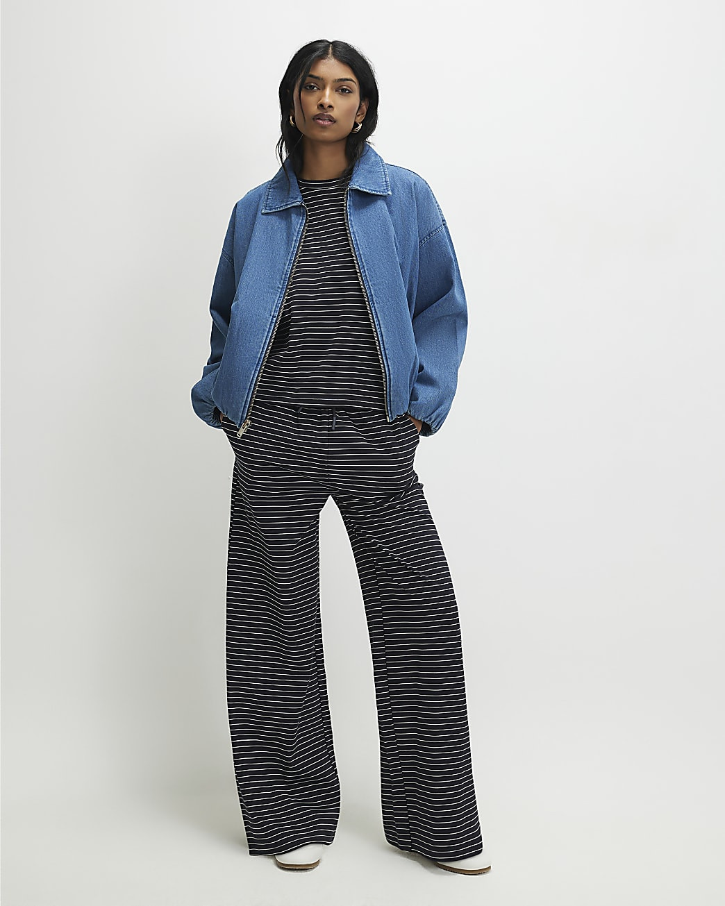 Navy Striped Wide Leg Trousers | River Island UK & IE
