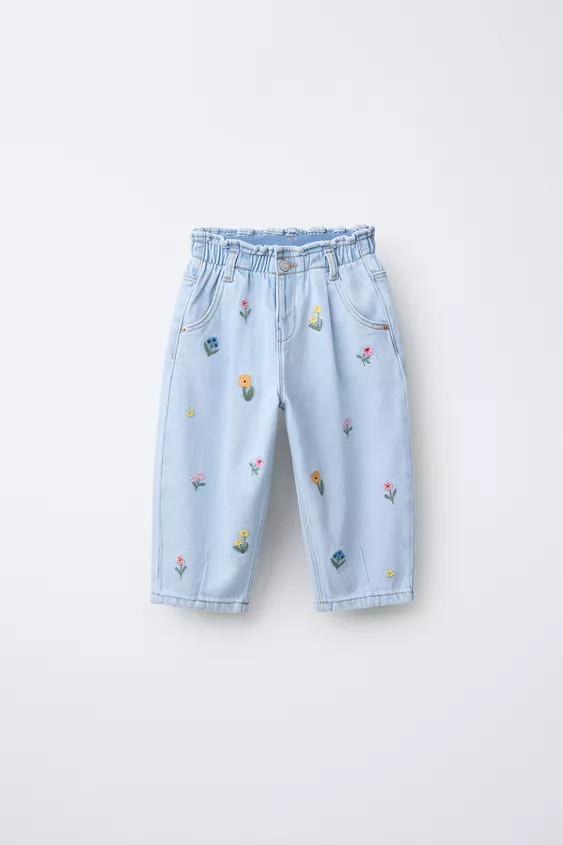 BAGGY PAPERBAG JEANS WITH EMBROIDERED FLOWERS | Zara US