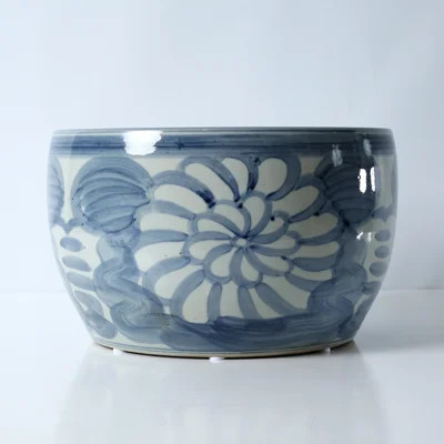 Approx. 14" Wide Blue and White Planter with Flower Motif | Perigold