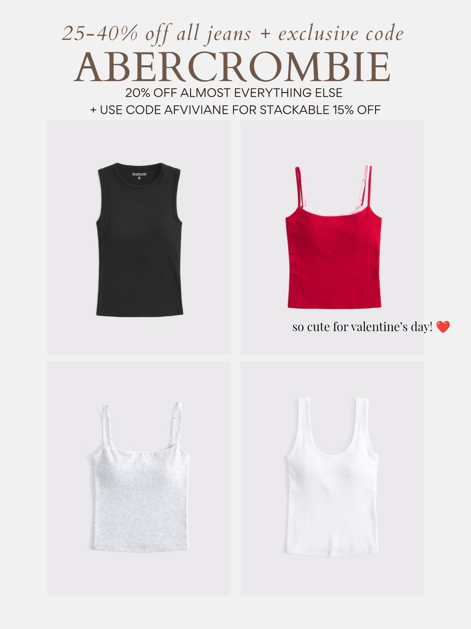[1/29/26] my favoriteeee bra free tank tops on sale for under $20 wear XS! Come in multiple styles and colors.

 *Offer valid in stores and online 1/29/2026 - 2/2/2026 in US/CA. Exclusions apply as indicated. Online price reflects discount. Use code AFVIVIANE to get an additional 15% off almost everything in stores and online at checkout from 1/29/26 - 2/2/26 in US/CA. Exclusions apply. See details online. *

#LTKSaleAlert #LTKValentine #LTKPetite
