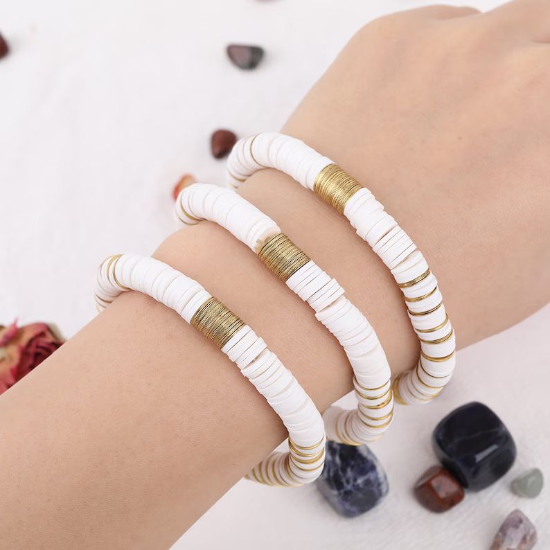 White Color Heishi Bracelet,Stack Bracelet,Disc Clay Bracelet,Stretch Bracelet,Polymer Clay Brass... | Etsy (US)