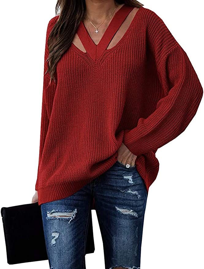 Cicy Bell Women's V Neck Sweaters Hollow Out Long Sleeve Casual Knit Pullover Jumper Tops | Amazon (US)