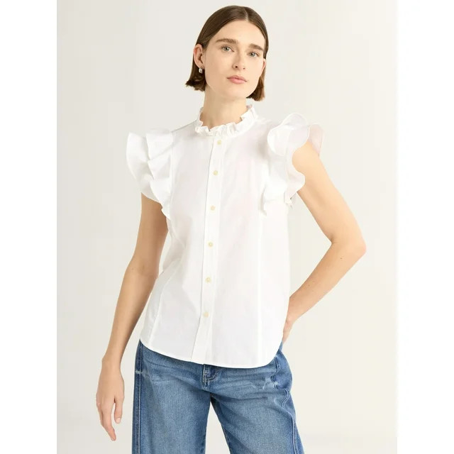 Free Assembly Women's and Women's Plus Size Button Front Ruffle Shirt, Sizes XS-4X - Walmart.com | Walmart (US)