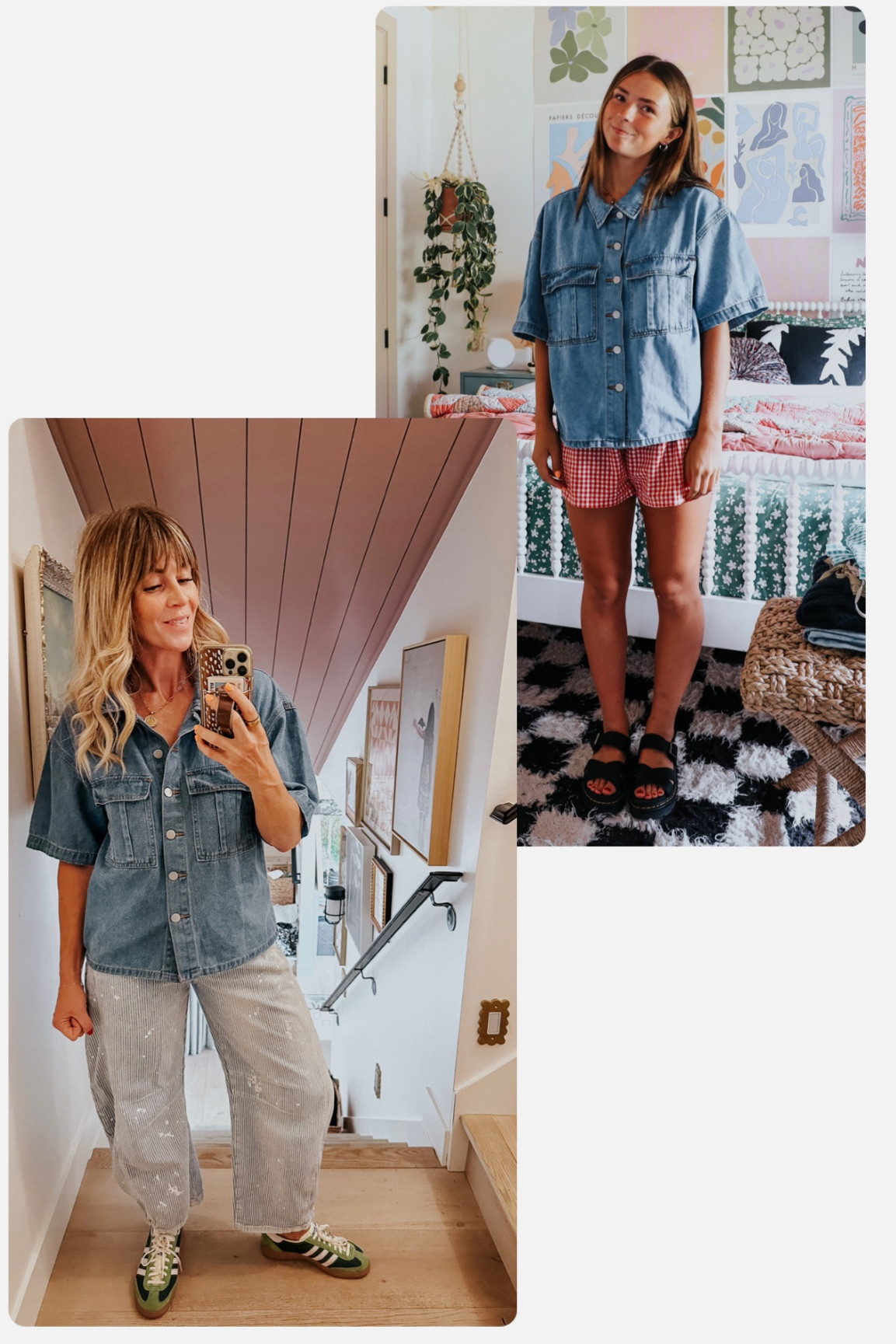 •denim shirt in medium 
•gingham shorts in medium (size up!)
•my barrel jeans reg size 4/26
•adidas size down half size 