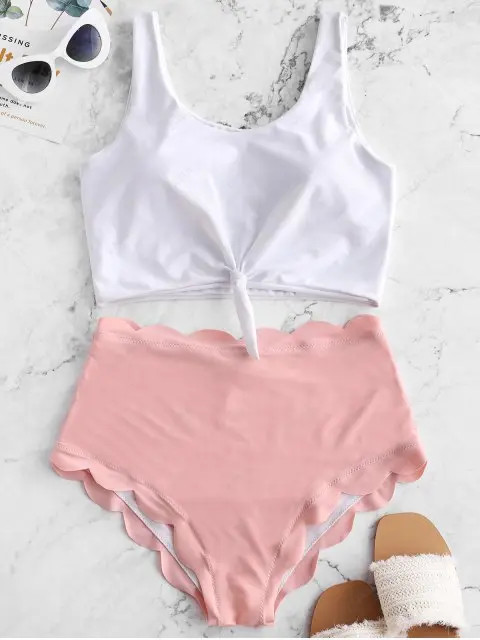 ZAFUL Knot Scalloped Mix and Match Tankini Swimsuit | ZAFUL (Global)