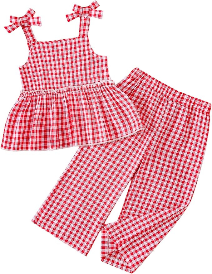 Weebaby Toddler Girl Clothes Infant Summer Outfits Baby Ruffle Tank Top Gingham Loose Pants Kid B... | Amazon (US)