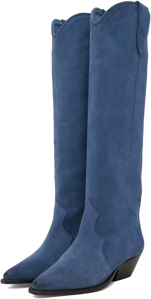 MOOMMO Women Suede Cowboy Knee High Boots Slouch Low Thick Heel Pointed Toe Long Western Boots Wide Calf Pull On Tall Riding Boots Cowgirl Pleated Chunky Heel Dress Boots Comfy 4-11 M US | Amazon (US)