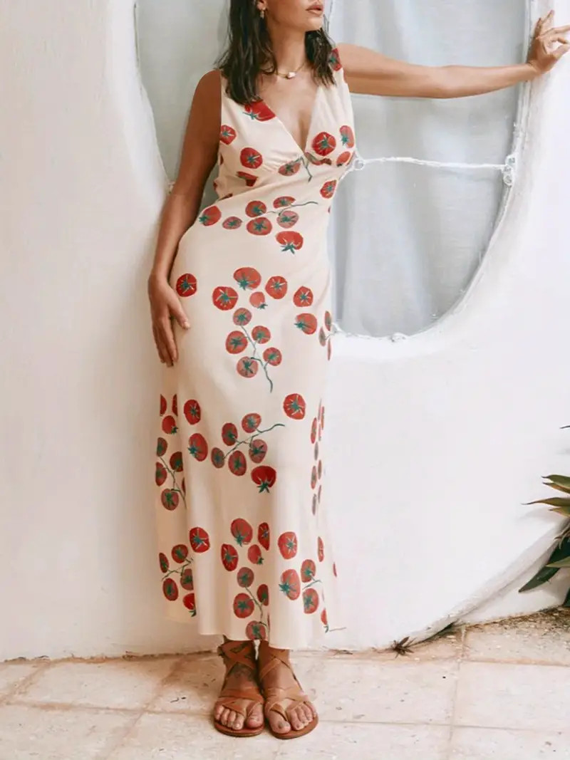 Floral Print Deep V Neck Dress, Elegant Sleeveless Tie Back Slim Maxi Bodycon Dress For Spring & ... | Temu Affiliate Program