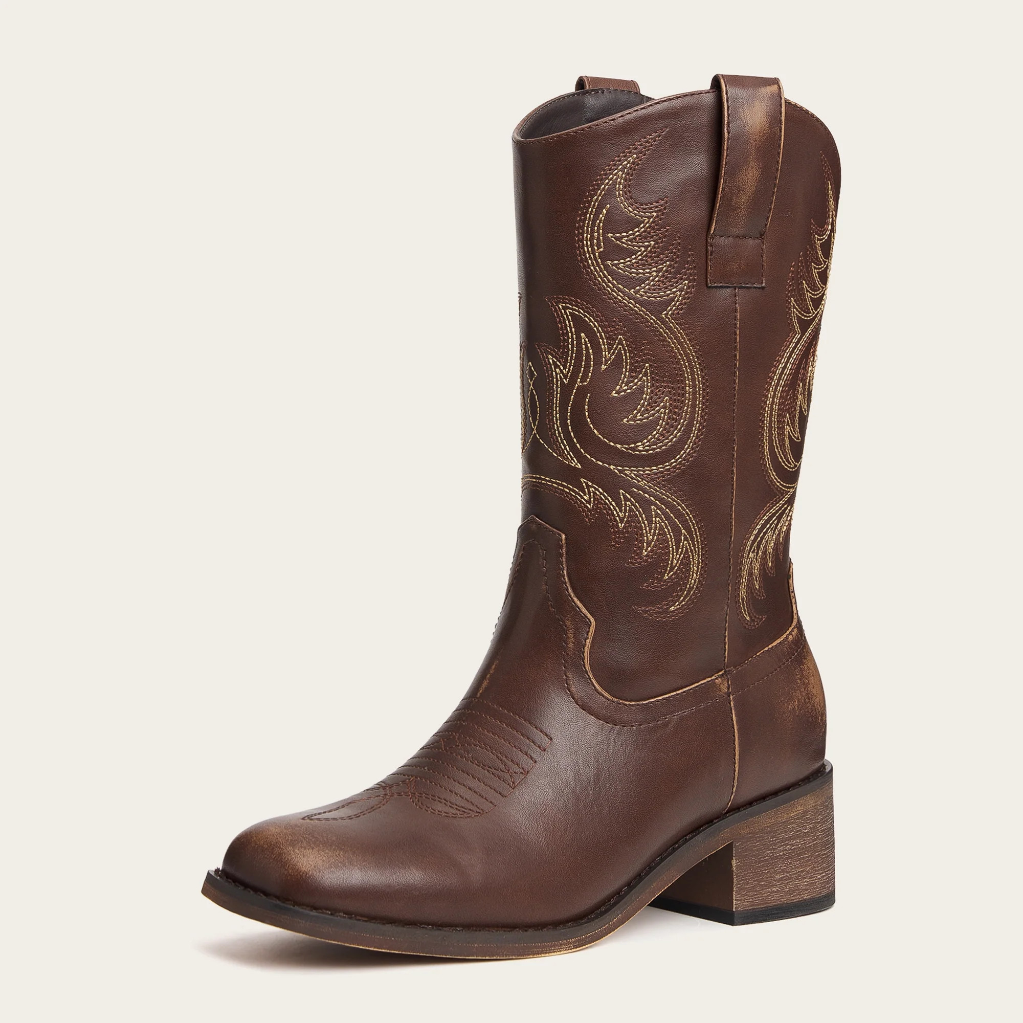 The Bronco - Brown Square Toe Embroidered Mid-calf Cowgirl Boots - US 9.5 | REDTOP