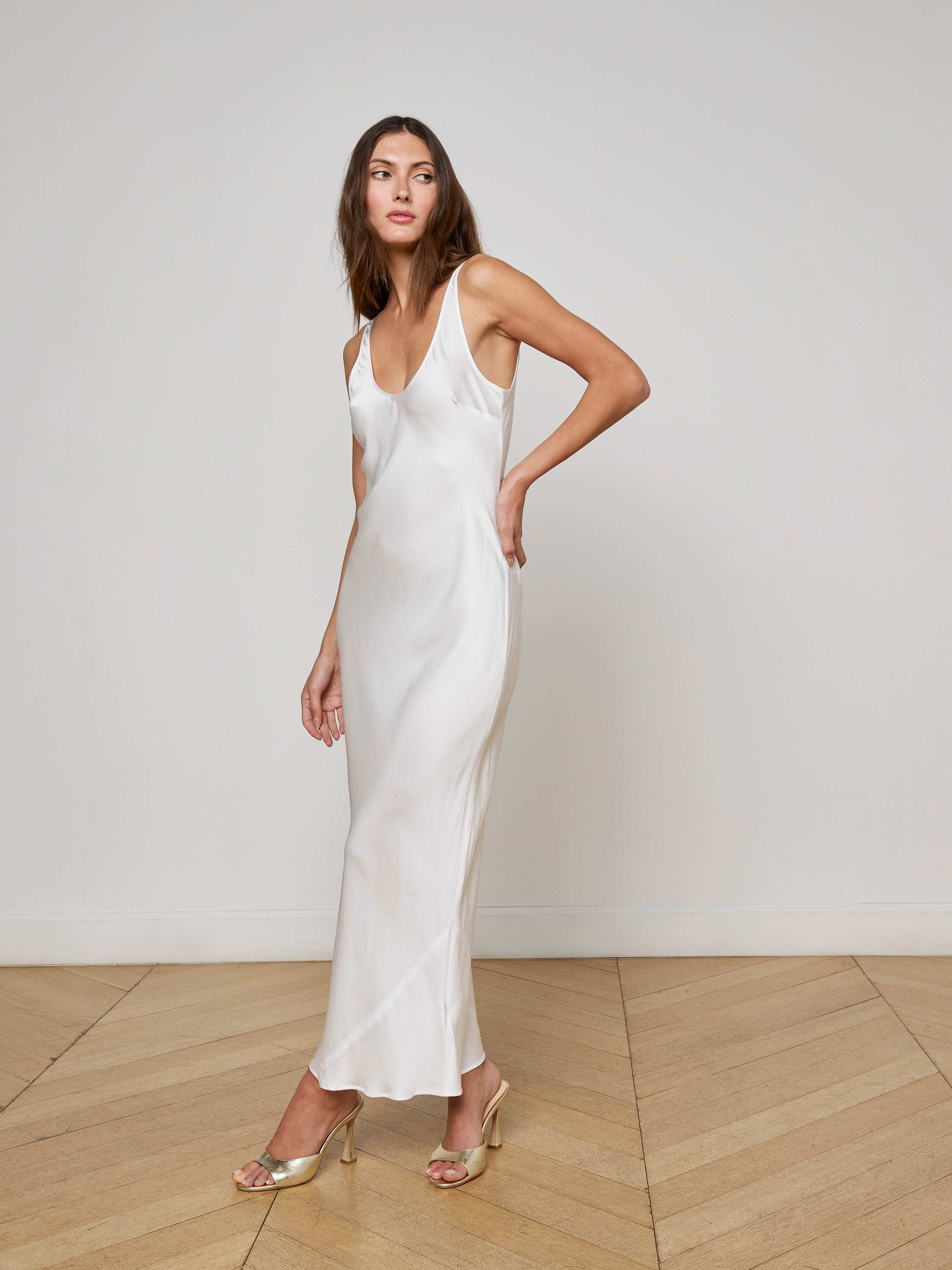 Akiya Satin Maxi Dress in White | L'AGENCE | L'Agence