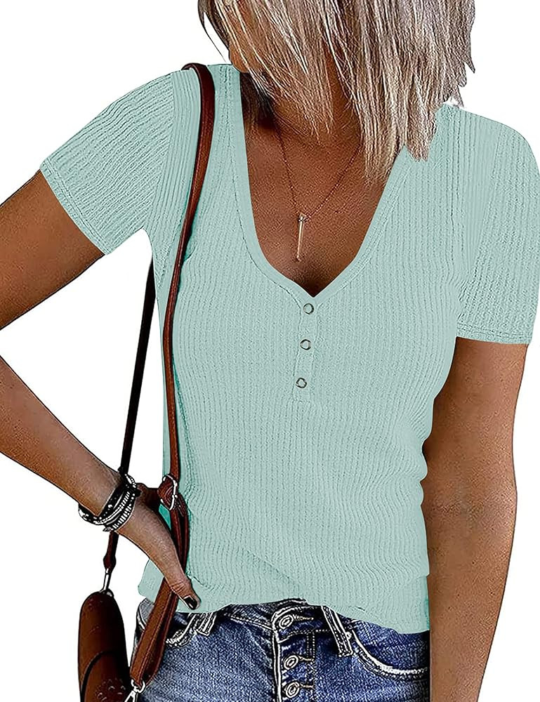 MEROKEETY Women's Short Sleeve V Neck Ribbed Knit Button T Shirts Henley Solid Color Summer Tops | Amazon (US)
