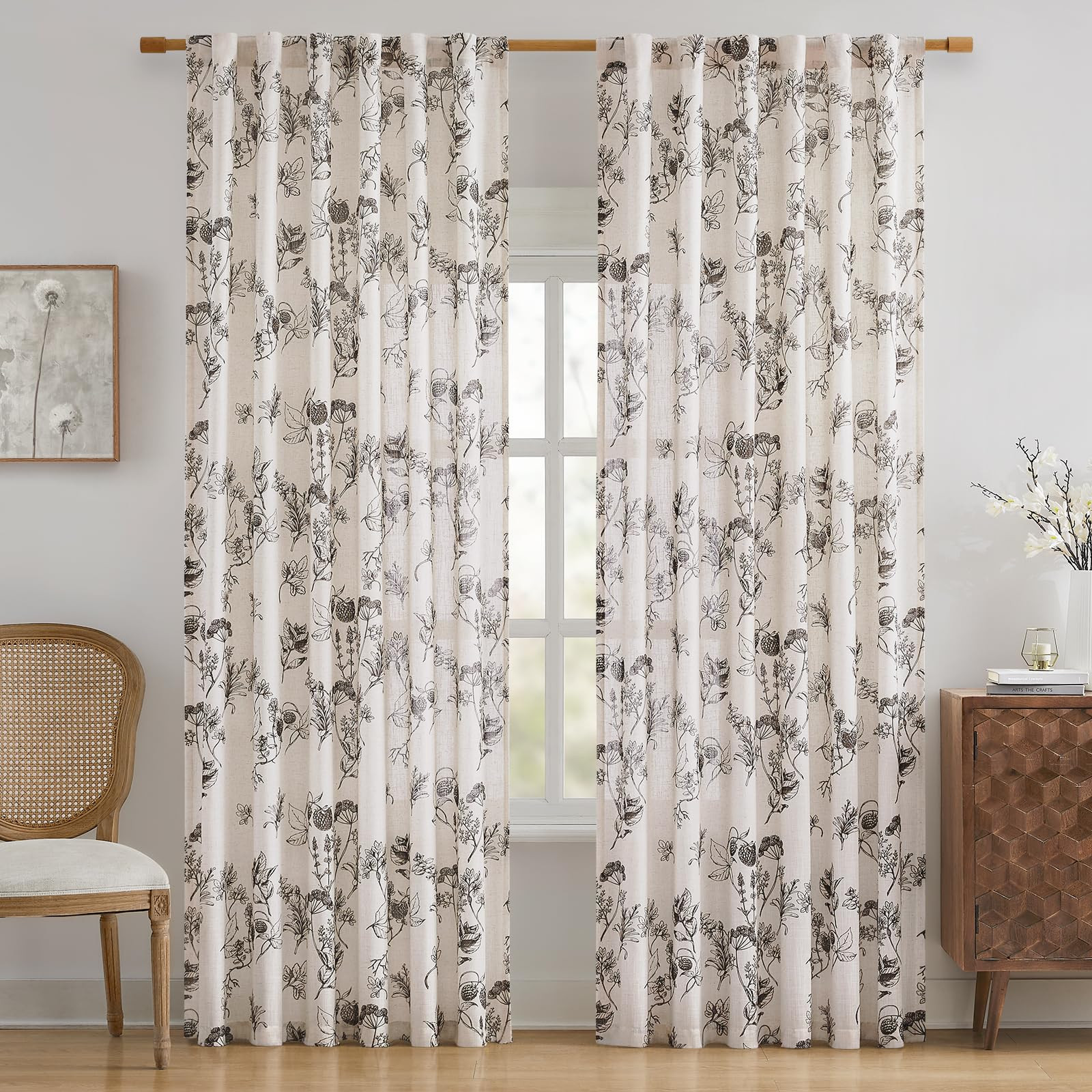 HOMEIDEAS Floral Linen Curtains, French Country Vanilla Printed Pattern Drapes, Farmhouse Vintage... | Amazon (US)
