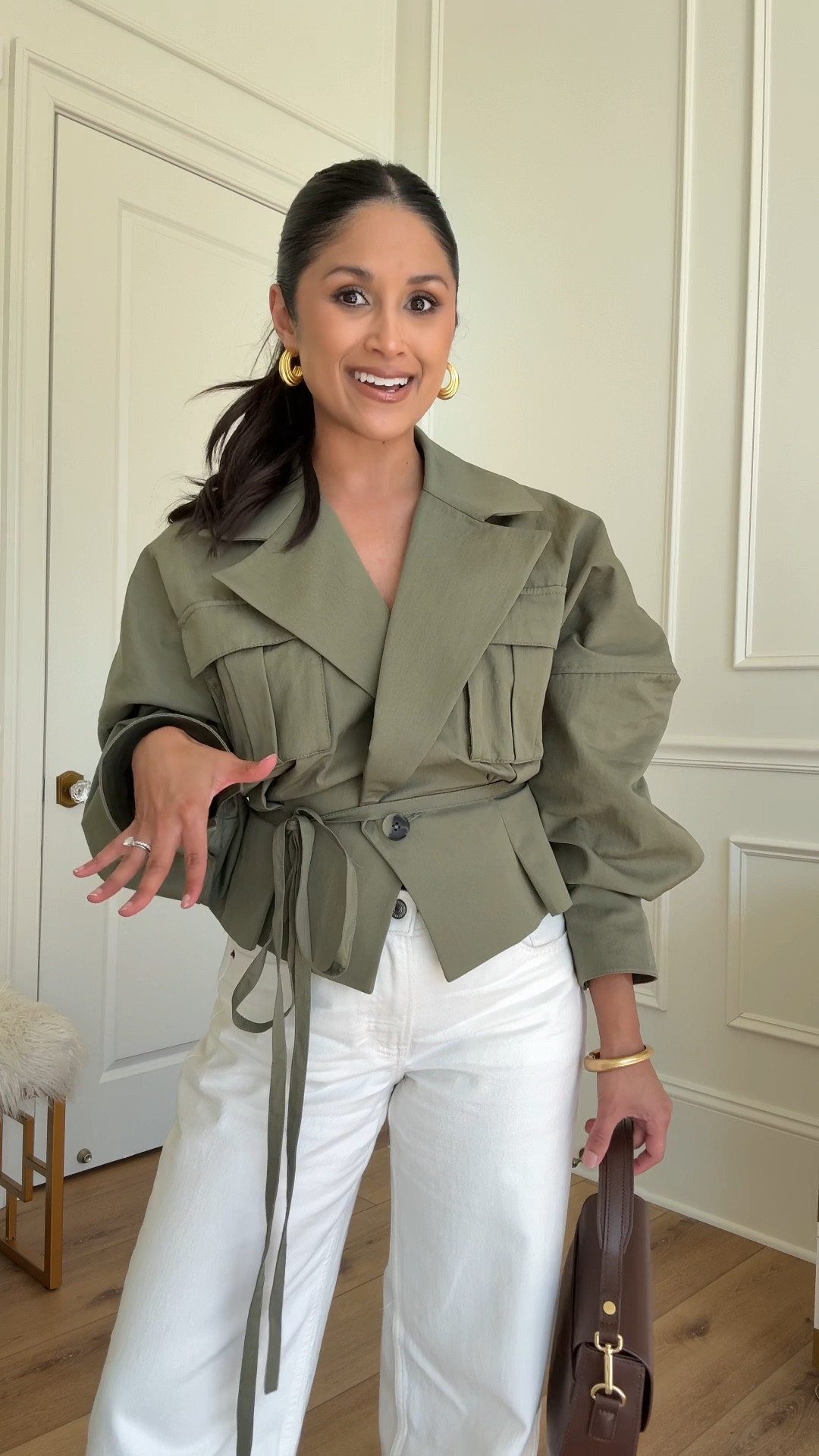 Obsessed with this trench wrap top and my low rise white jeans! Wearing the regular length in the jeans so I can wear with heels. 
Take 20% OFF my bag with code: HAUTE20


#LTKootd #LTKPetite