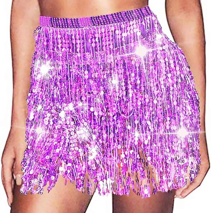 REETAN Boho Belly Skirt Sequins Belly Hip Scarf Tassel Fringe Skirt Rave Party Dance Performance ... | Amazon (US)