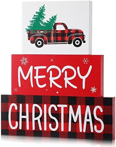Amazon.com: 3 Pieces Christmas Table Decor Wooden Signs with Red Plaid Merry Christmas Farmhouse ... | Amazon (US)