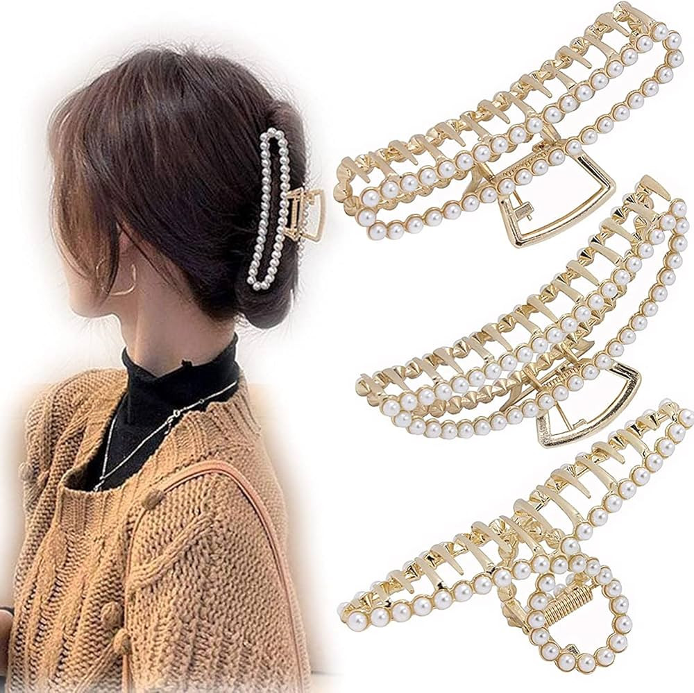 VinBee Pearl Hair Clips For Women, Large Metal Hair Claw Clips For Thick and Thin Hairs, Jaw Clam... | Amazon (US)
