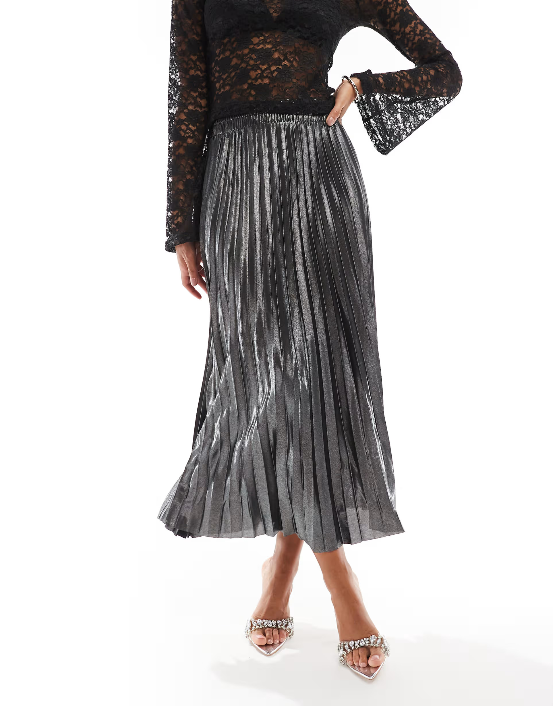 ONLY pleated maxi skirt in gray metallic | ASOS (Global)