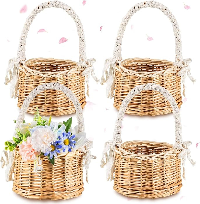 Thyle 4 Pcs Flower Girl Baskets with Handle, 7.87 x 4.33 Inch, Wicker Rattan, Lightweight, Brown | Amazon (US)