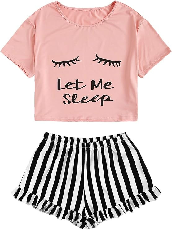 WDIRARA Women's Sleepwear Closed Eyes Print Tee and Shorts Cute Pajama Set | Amazon (US)