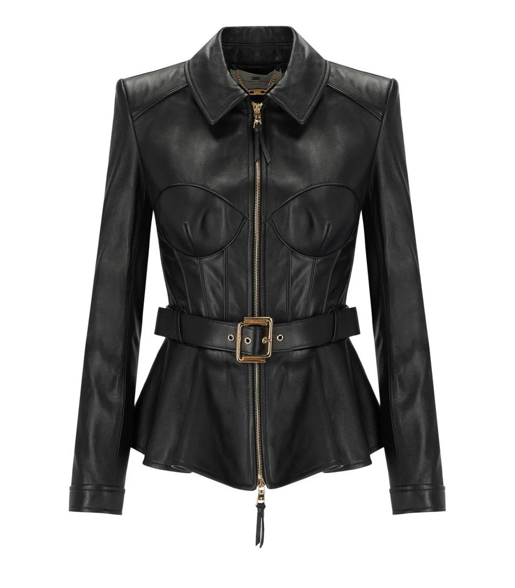Elisabetta Franchi Black Leather Belted Jacket | Baltini