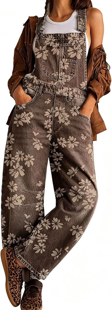 loveimgs Women Floral Print Denim Overalls Baggy Barrel Jeans Patchwork Denim Pants Y2k Straps Wi... | Amazon (US)