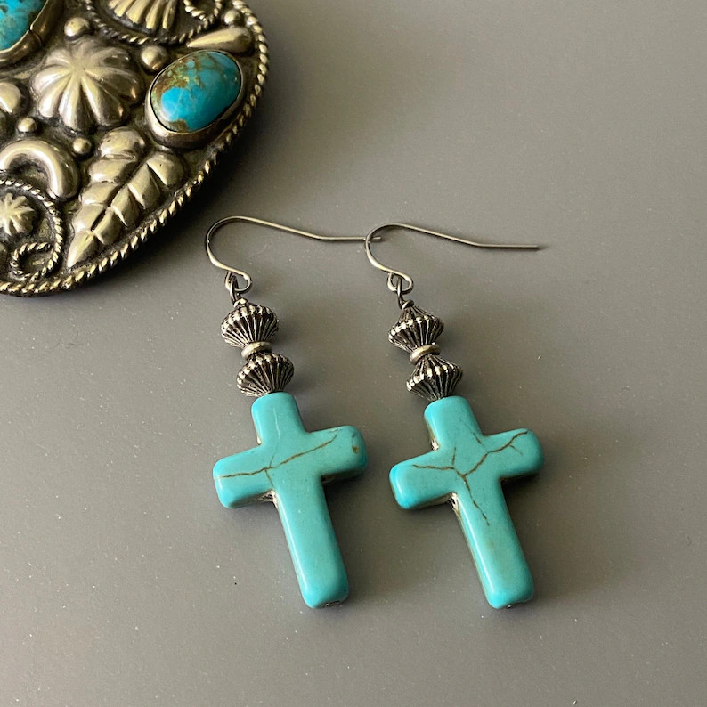 Southwest Style Turquoise Cross Earrings, Western, Cowgirl, Inspirational, Classic, Faith - Etsy | Etsy (US)