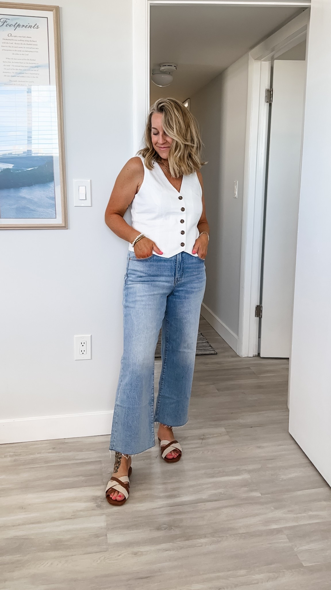 Spring neutrals that go with everything 🌿 Sharing a few closet staples that are perfect for effortless, elevated outfits — all tops are a true-to-size medium, the vest is tts 6 and jeans are 29 in classic length for reference.
🤍 White cropped denim – crisp, clean, and slightly structured with just the right amount of stretch
 💙 Blue straight-leg jeans – an all day stretch dream, flattering and insanely comfortable
 🤎 Tan short-sleeve sweater – lightweight, polished, and perfect for layering or wearing solo
 ☁️ White linen vest – chic & breathable, the easiest way to add dimension to your look
 🤍 White short-sleeve button-down – a timeless classic with a relaxed fit and breezy feel
And let’s talk shoes 👡
 ✨ Cognac + tan sandals – neutral, comfy, and elevate any look
 ✨ Tan espadrilles with cognac piping – the perfect mix of pretty + practical
These neutral spring outfits are easy to mix and match, making them great staples for a capsule wardrobe or packing for a warm-weather getaway.
@j.crewfactory #jcrewfactorypartner

#LTKWatchNow #LTKSaleAlert #LTKStyleTip

#LTKFindsUnder50 #LTKSaleAlert #LTKStyleTip