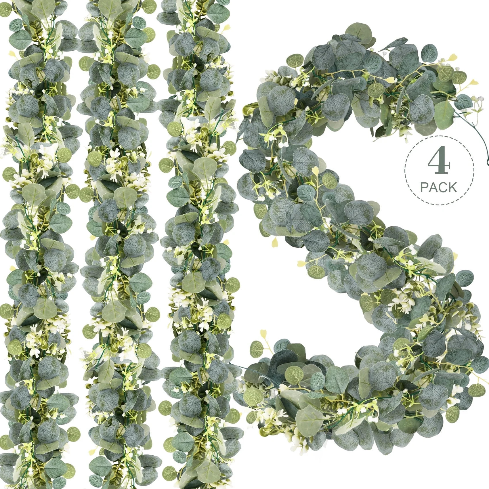Huryfox 4pack Artificial Eucalyptus Garland – Fake Greenery Vines with Realistic Leaves & White... | Walmart (US)