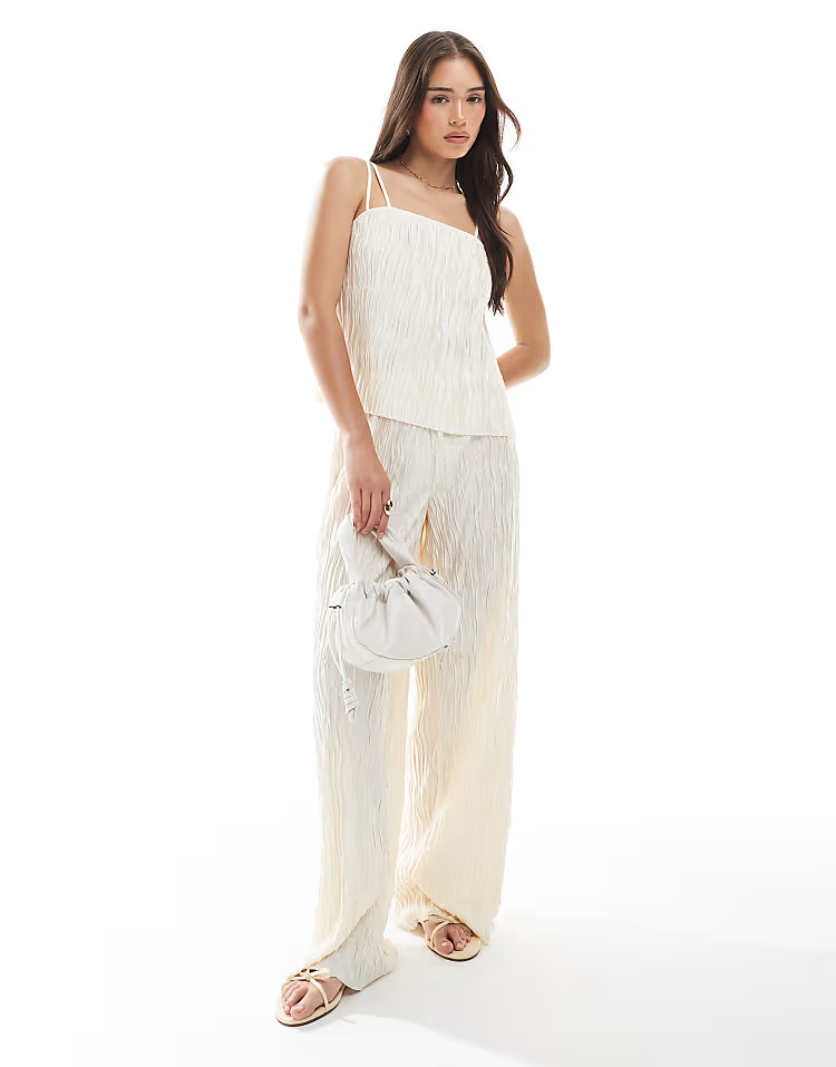 Vero Moda textured plisse double strap cami and wide leg trousers set in birch cream | ASOS (Global)