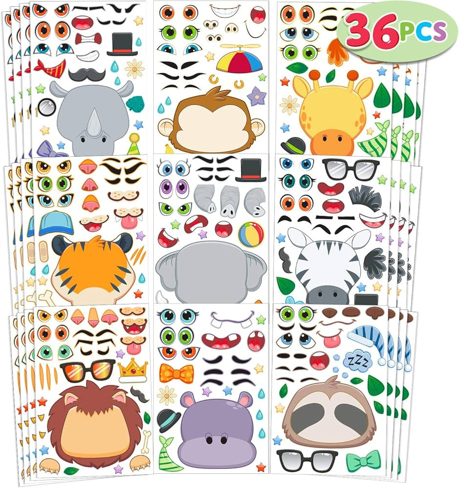 JOYIN 36 PCS 9.8”x6.7" Make-a-face Sticker Sheets Make Your Own Safari Animal Mix and Match Sti... | Amazon (US)