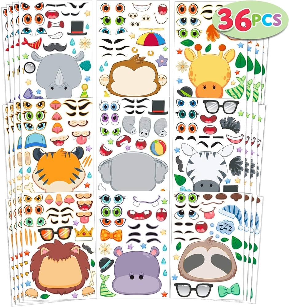 JOYIN 36 PCS 9.8”x6.7" Make-a-face Sticker Sheets Make Your Own Safari Animal Mix and Match Sti... | Amazon (US)