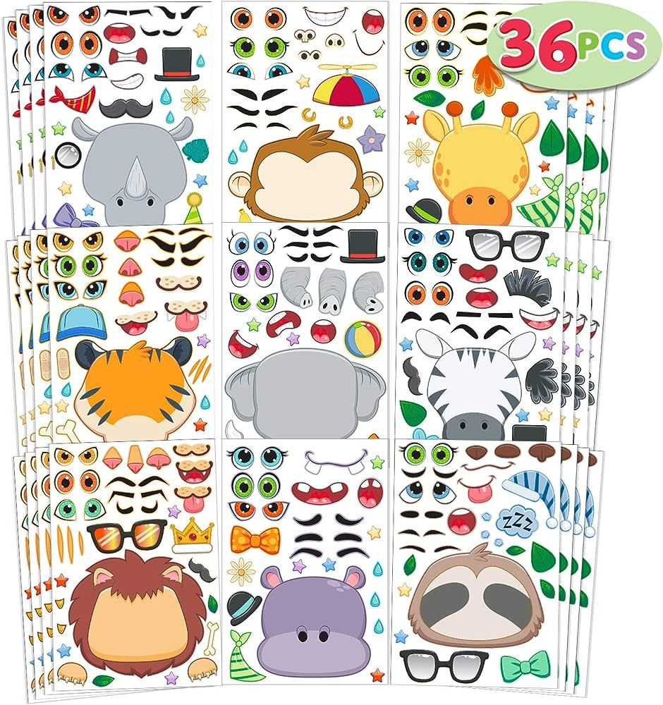 JOYIN 36 PCS 9.8”x6.7" Make-a-face Sticker Sheets Make Your Own Safari Animal Mix and Match Sti... | Amazon (US)