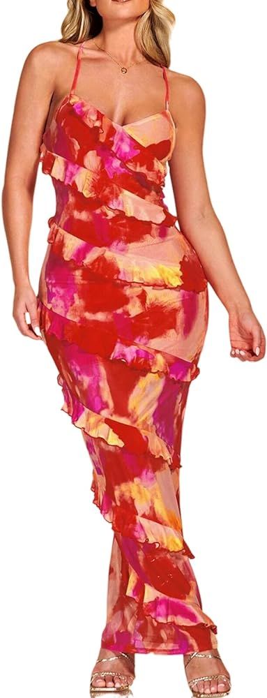MARZXIN Sexy Dress Tie Dye Ruffle Trim Crisscross Backless Ruched Side Bodycon Dress Maxi Dress | Amazon (US)