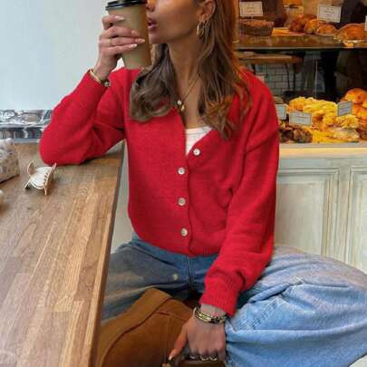 Spring/Autumn And Winter New Women's Round Neck Small Shell Twist Button Long Sleeved Knitted Cardigan Women's Short Style Loose And Warm Comfortable | SHEIN