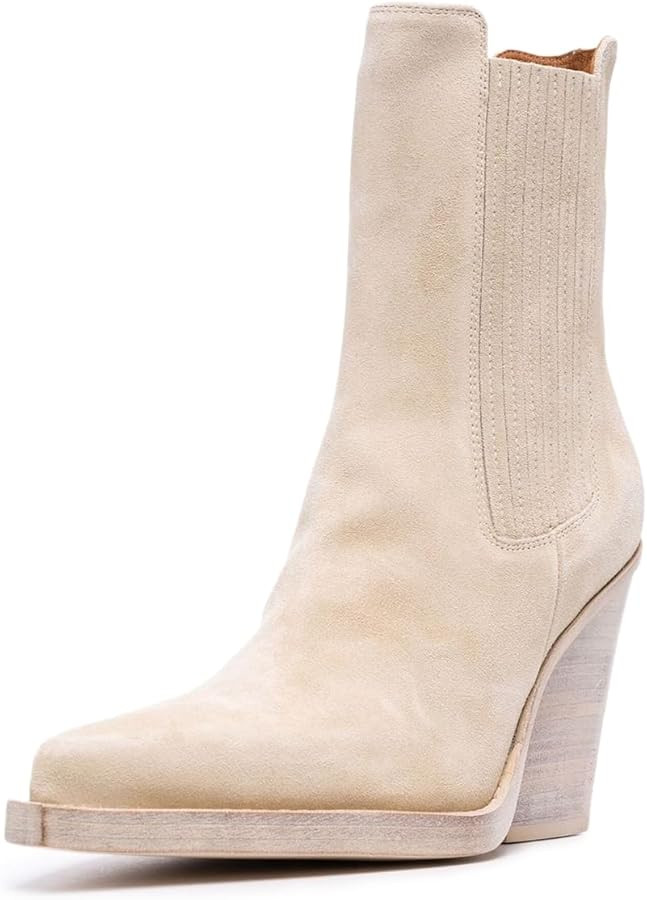 YDN Women's Chic Chunky Block Stacked Heel Boots Sexy Pointed Toe High Heel Mid Calf Booties Slip... | Amazon (US)