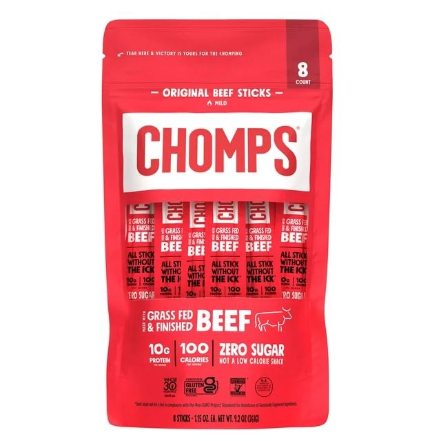 Chomps Zero Sugar Original Beef Jerky Sticks 1.15oz 8 Count Multipack Resealable Bag | Walmart (US)