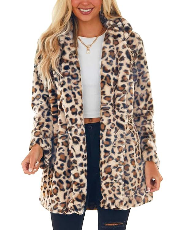Omoone Women's Faux Fur Jackets Autumn Winter Leopard Coats Loose Fur Coat with Pockets | Amazon (US)
