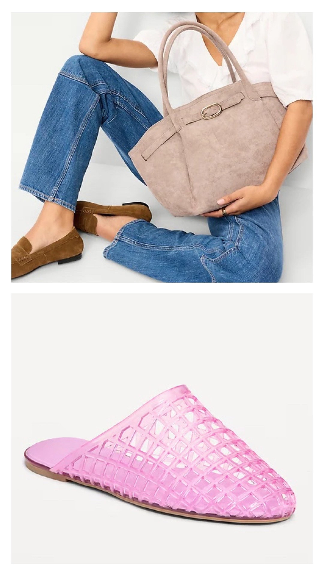 Spring accessories under $50 from old navy! Spring work tote bag and pink jelly mule slides  