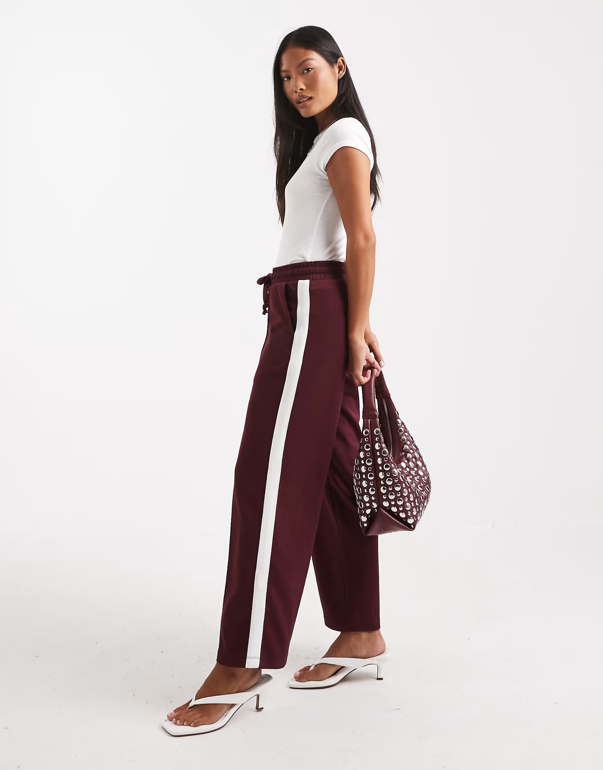 Noisy May Petite straight leg jersey trouser in burgundy with white side stripe | ASOS | ASOS (Global)