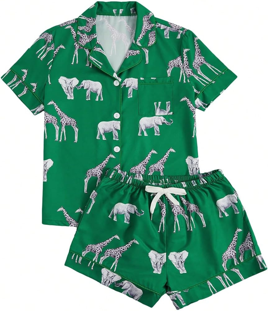 WDIRARA Women's Sleepwear Animal Print Button Front Short Sleeve Shirt and Shorts Lounge Pajama S... | Amazon (US)