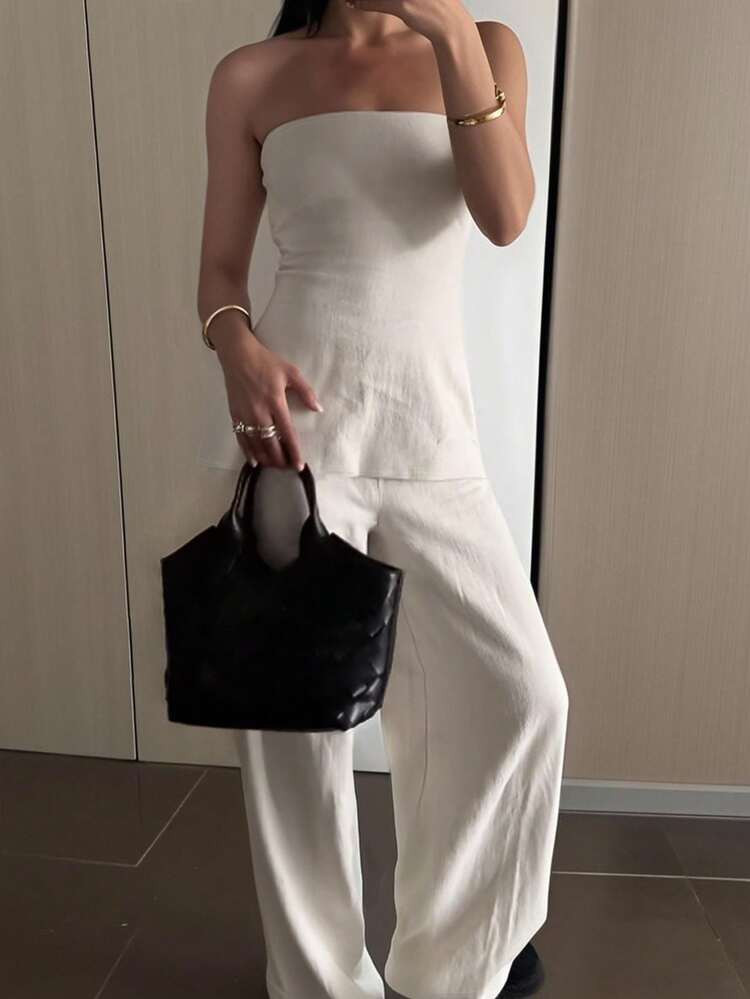 INAWLY 2pcs Women Casual Solid Color Bandeau Top And Pants Set | SHEIN